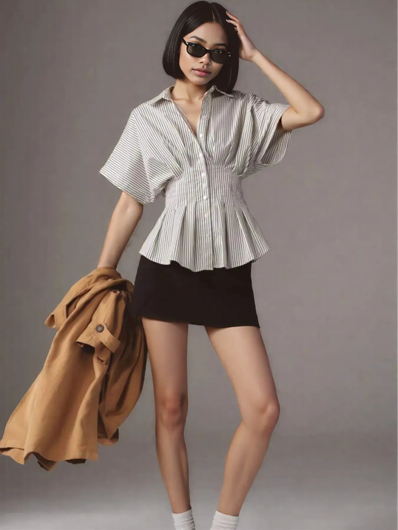 Striped Short Sleeve Button-Up Shirt Light Gray