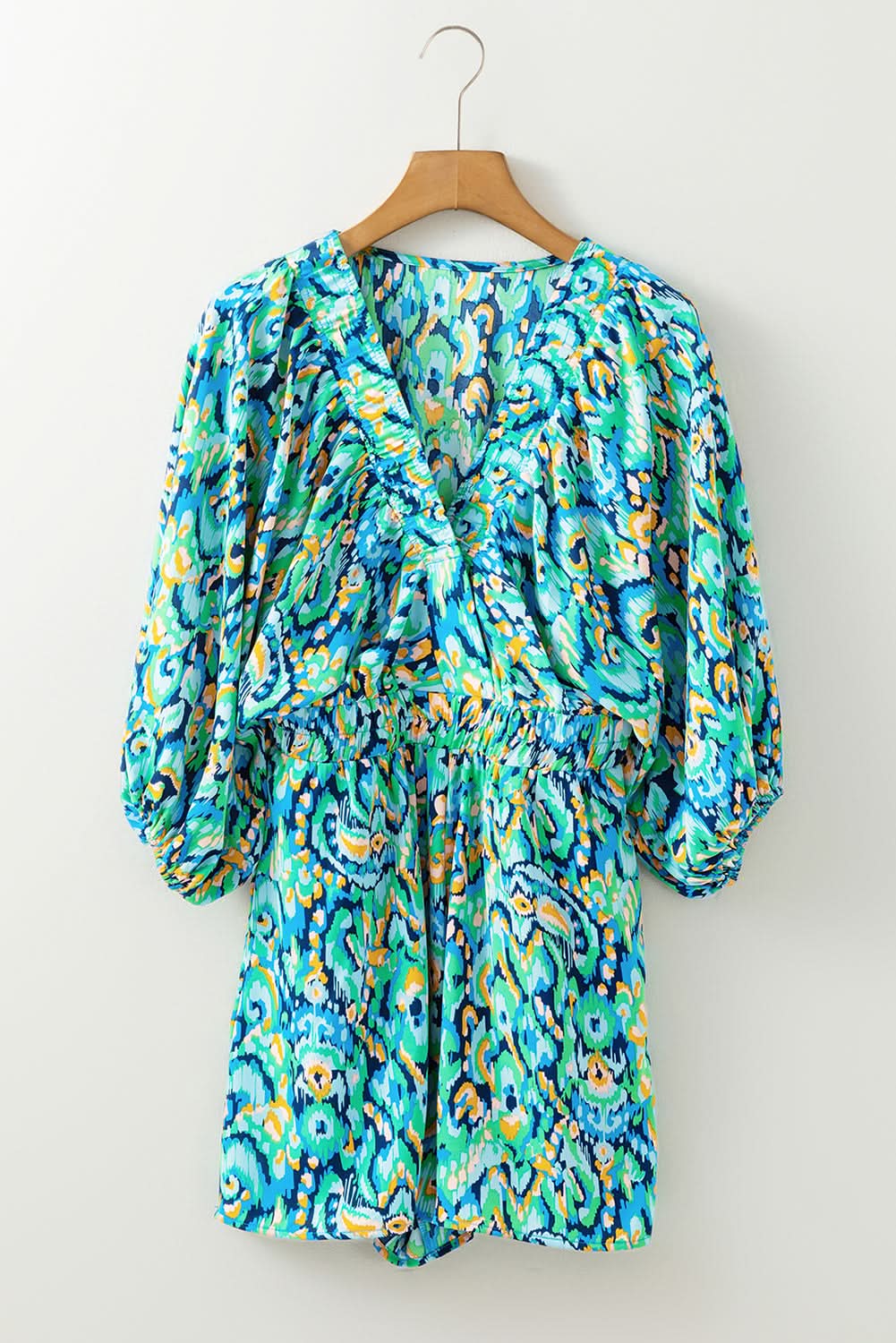 Pink Abstract Print Puff Sleeve V Neck High Waist Romper Green 100%Polyester
