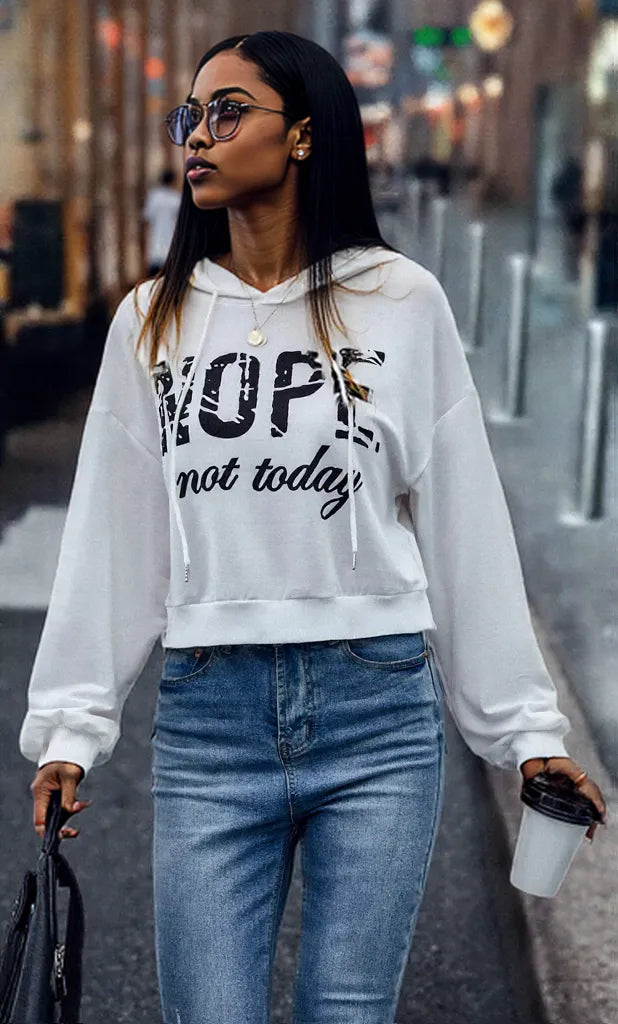 Letter Graphic Long Sleeve Drawstring Hoodie White