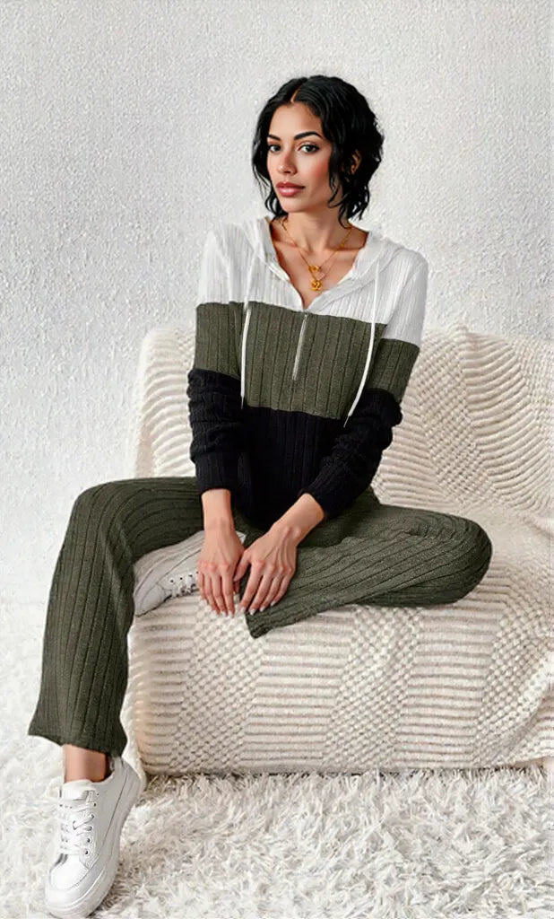 Color Block Half Zip Hooded Top and Pants Set