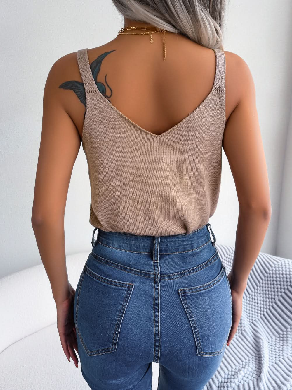 Openwork Scoop Neck Knit Tank Top Khaki