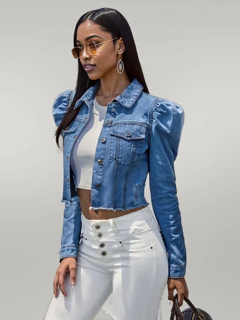 Button Down Raw Hem Cropped Denim Jacket Light