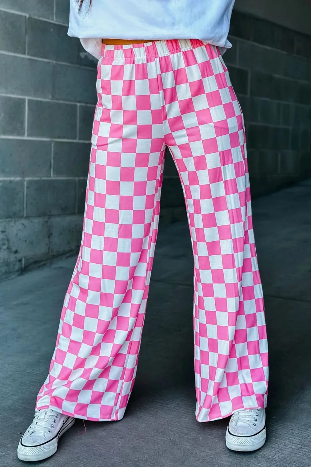 Checkered Wide Leg Pants Fuchsia Pink