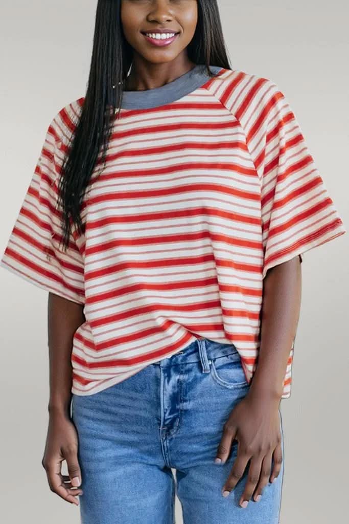 Tomato Red Stripe Print Contrast Collar Raglan Sleeve T Shirt Tomato Red 95%Polyester+5%Elastane