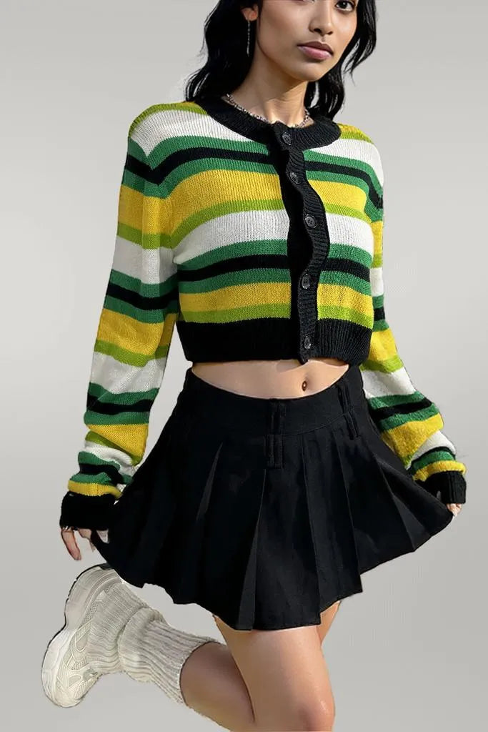 Striped Button Up Contrast Cropped Cardigan