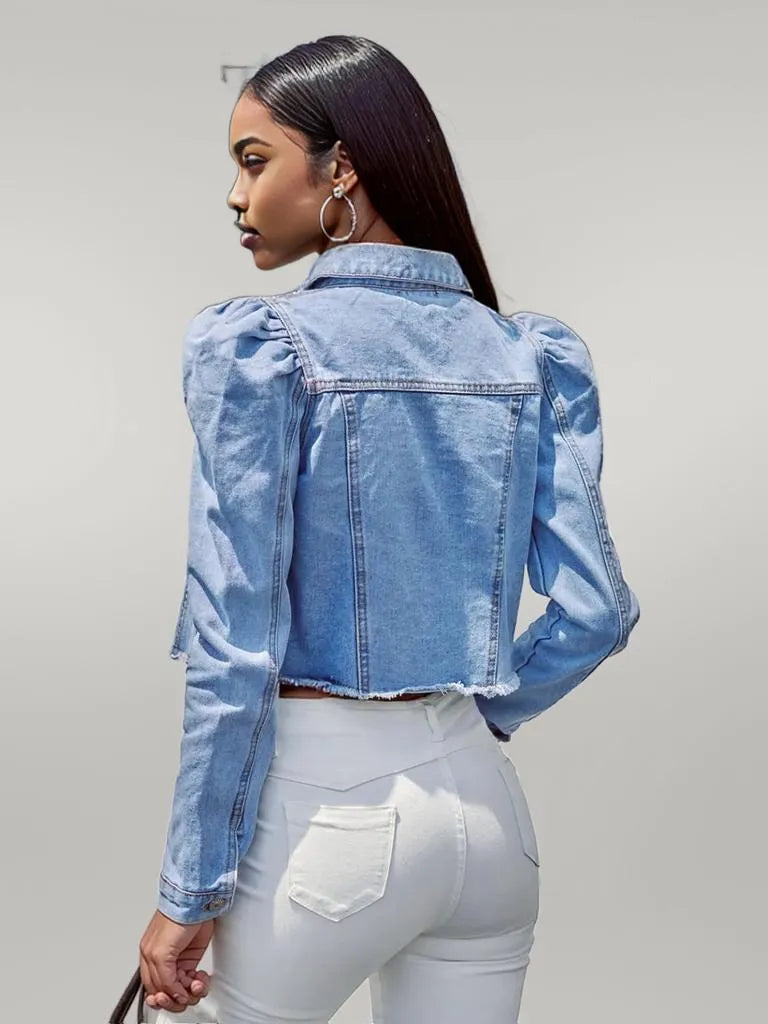 Button Down Raw Hem Cropped Denim Jacket Light