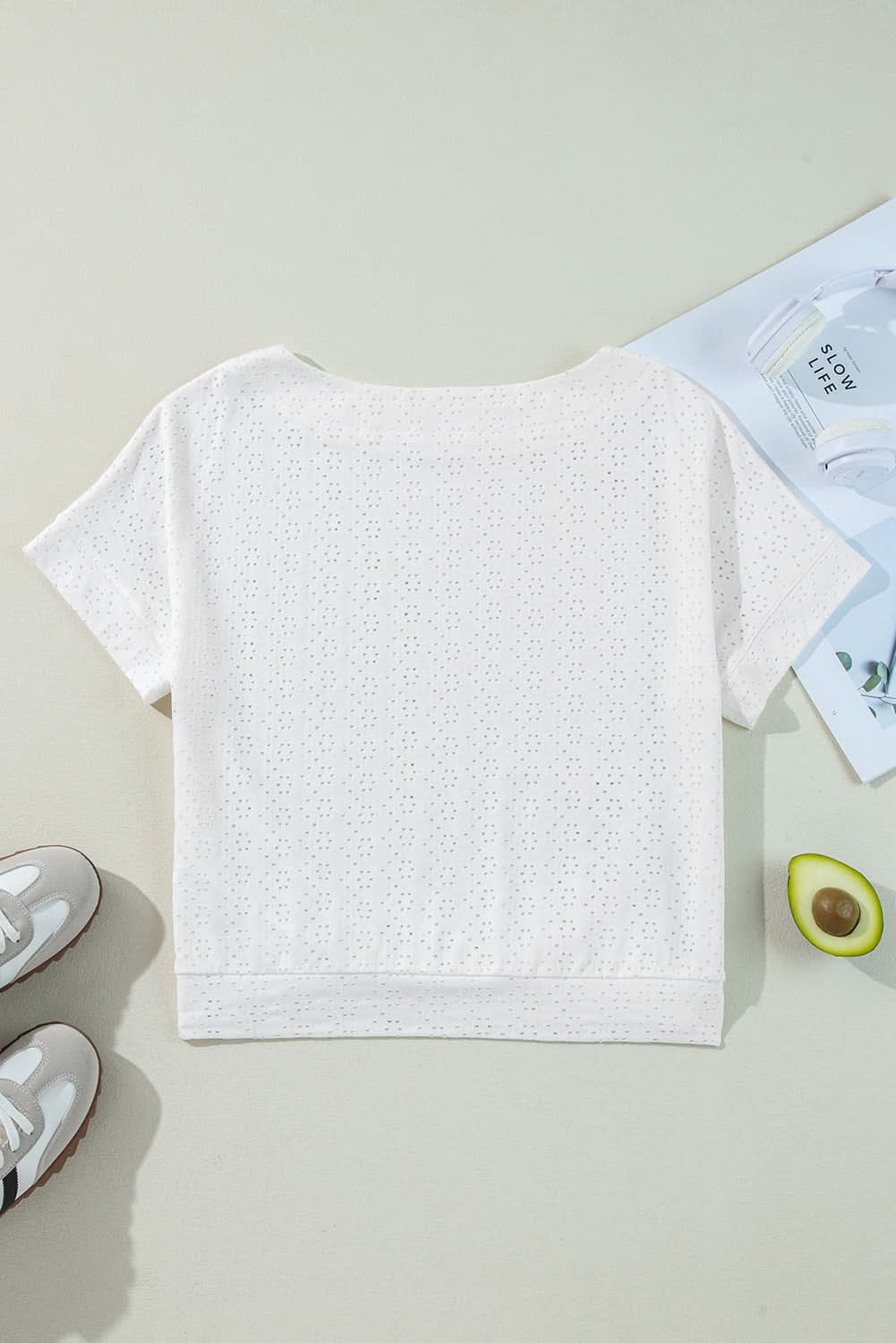 White Eyelet Pattern Boat Neck Casual Tee White 97%Polyester+3%Elastane