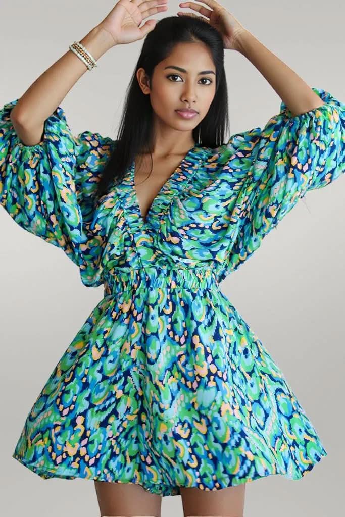 Pink Abstract Print Puff Sleeve V Neck High Waist Romper Green 100%Polyester