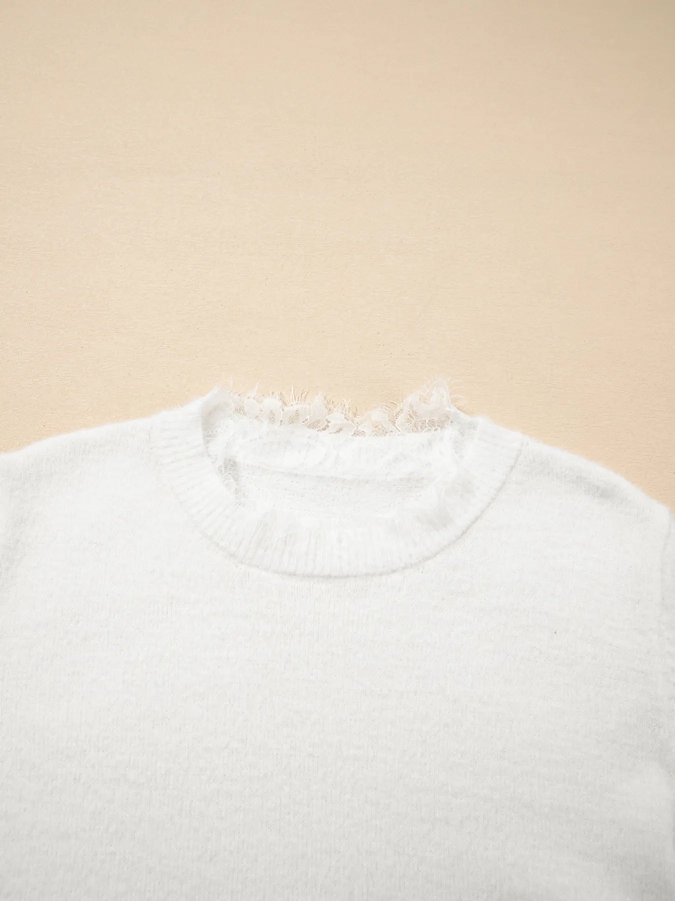 Lace Sleeve Patchwork Faux Two-piece Fuzzy Sweater White