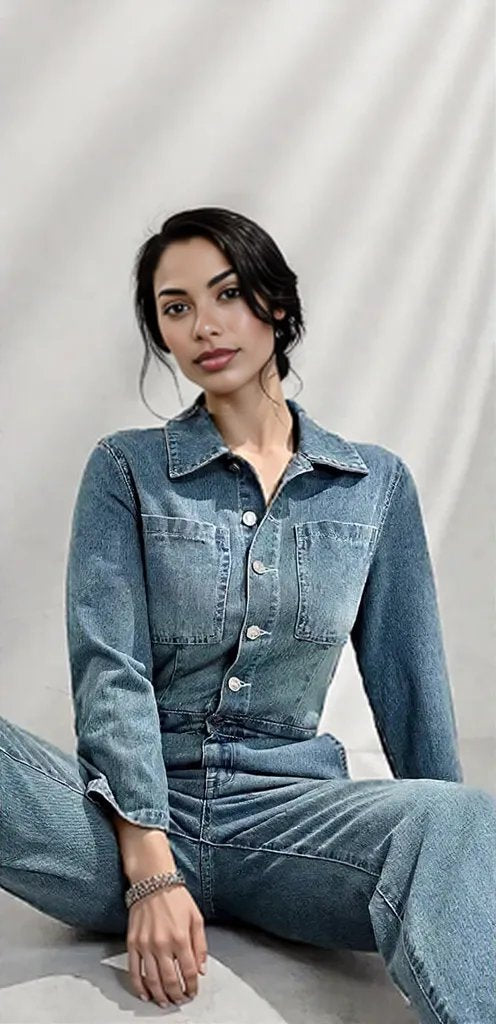 Half Button Long Sleeve Straight Leg Denim Jumpsuit