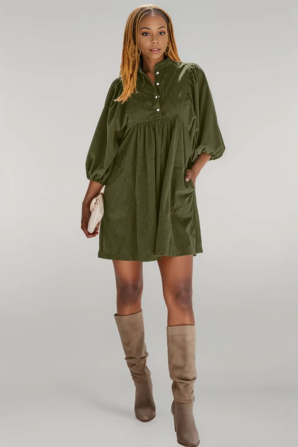 Vineyard Green Corduroy Snap Buttons Empire Waist Bracelet Sleeve Dress