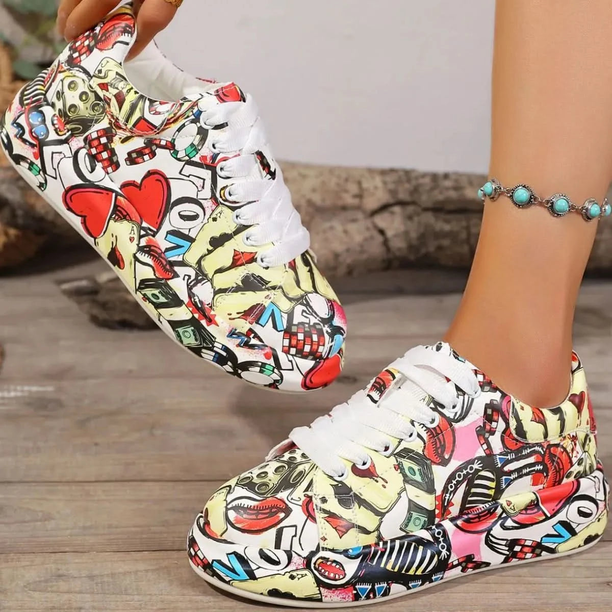 Abstract Print Lace Up Sneakers Red