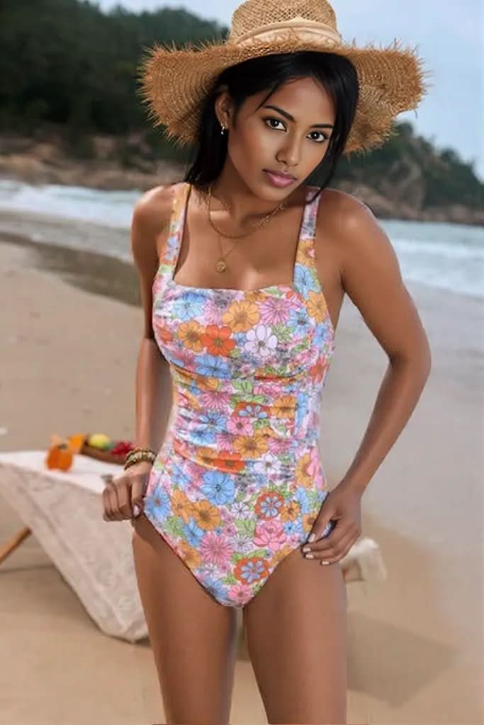 Printed Square Neck Wide Strap One-Piece Swimwear