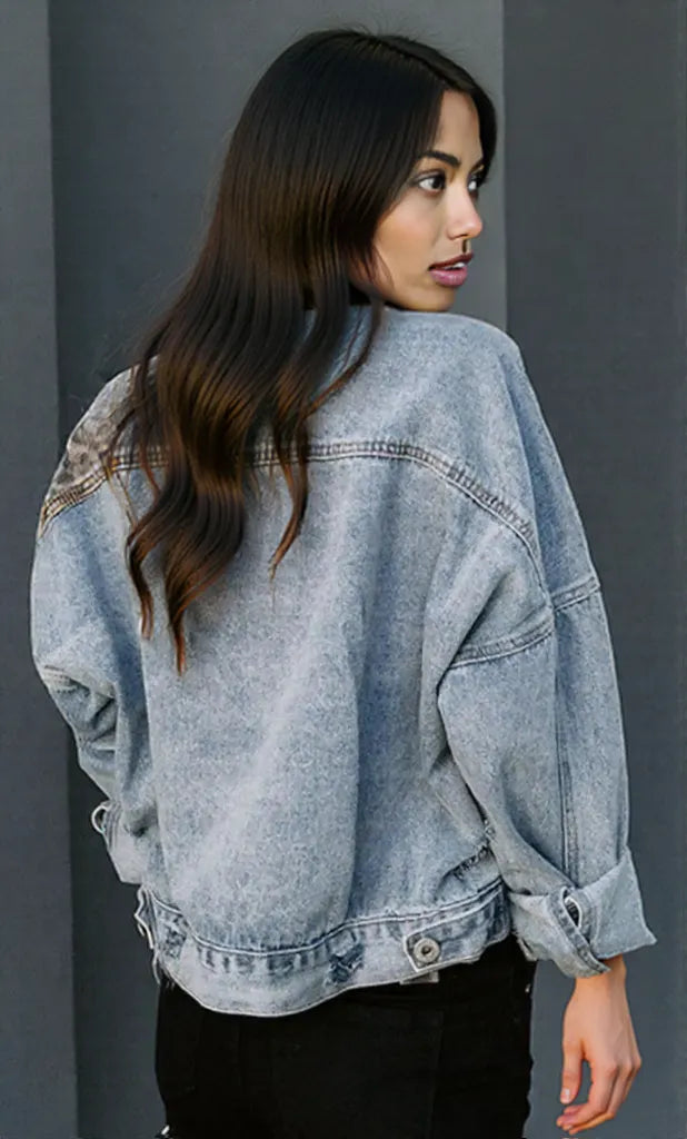 Distressed Leopard Drop Shoulder Denim Jacket Leopard