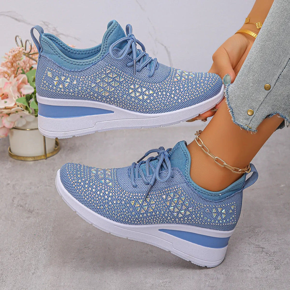 Breathable Mesh Rhinestone Wedge Athletic Sneakers Sky Blue