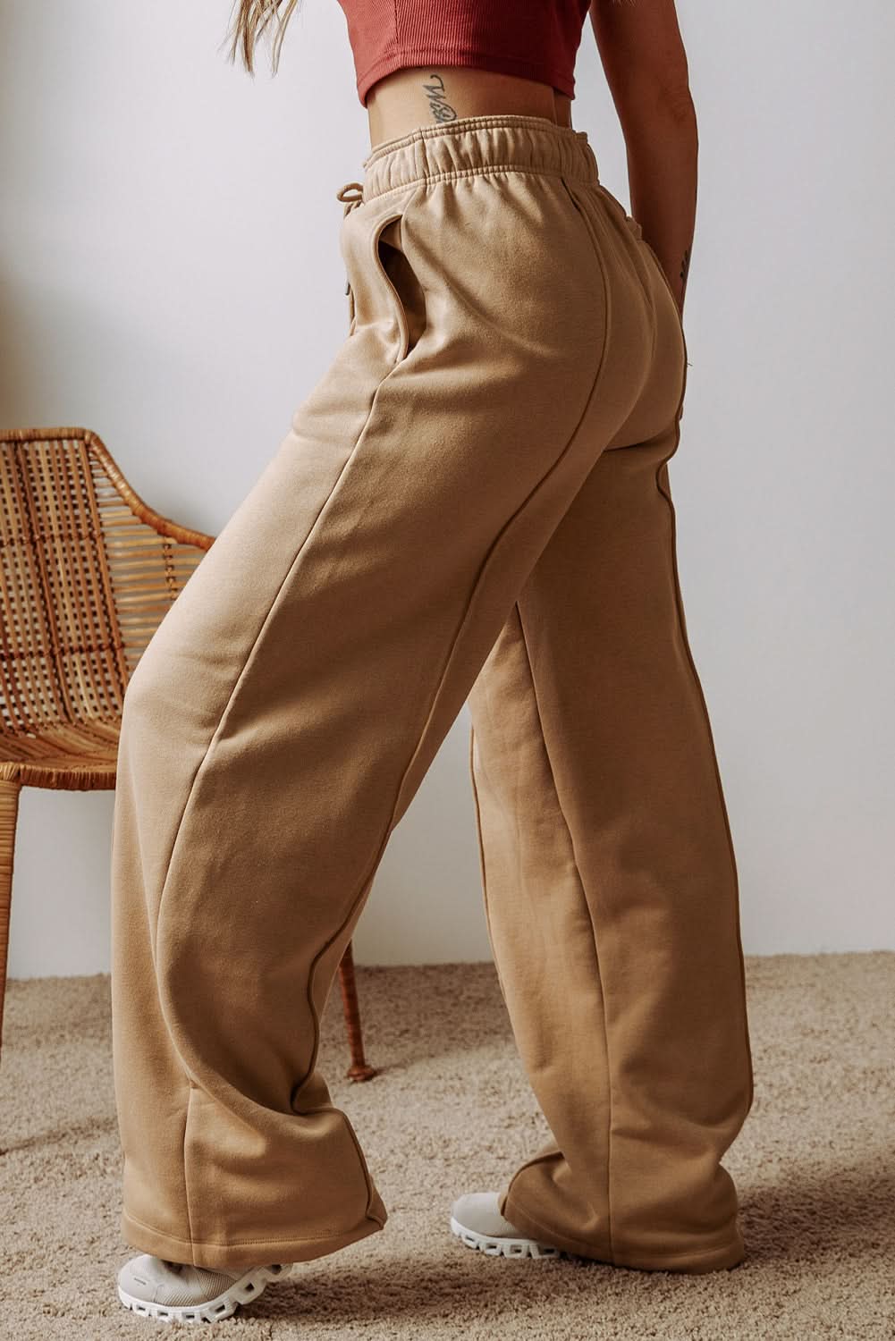 Smoke Gray Exposed Seam Drawstring High Waist Wide Leg Pants Smoke Gray 50%Polyester+50%Cotton