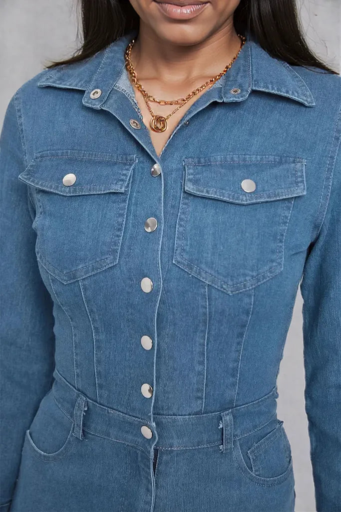 Snap Down Denim Jumpsuit with Pockets