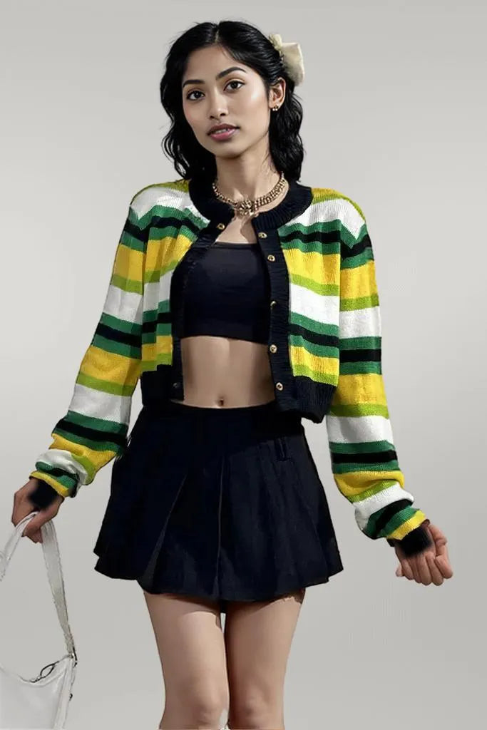 Striped Button Up Contrast Cropped Cardigan