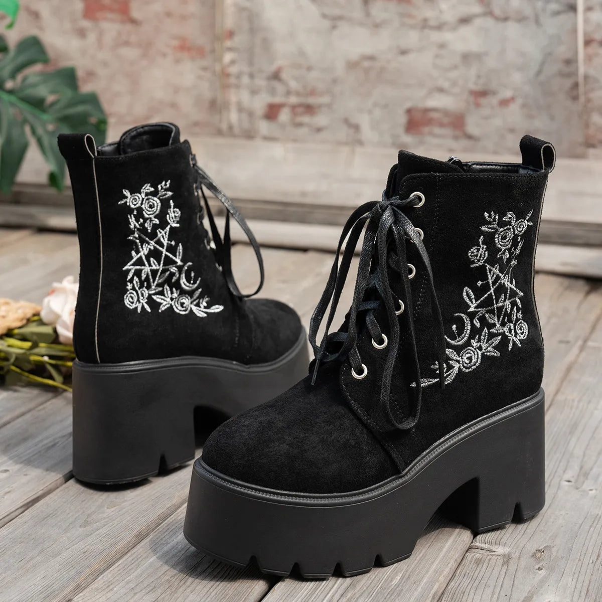 Floral Embroidered Platform Combat Boots