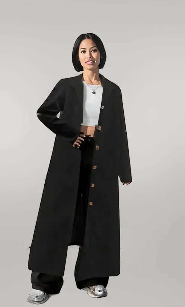 Lapel Collar Button-Front Longline Coat Black