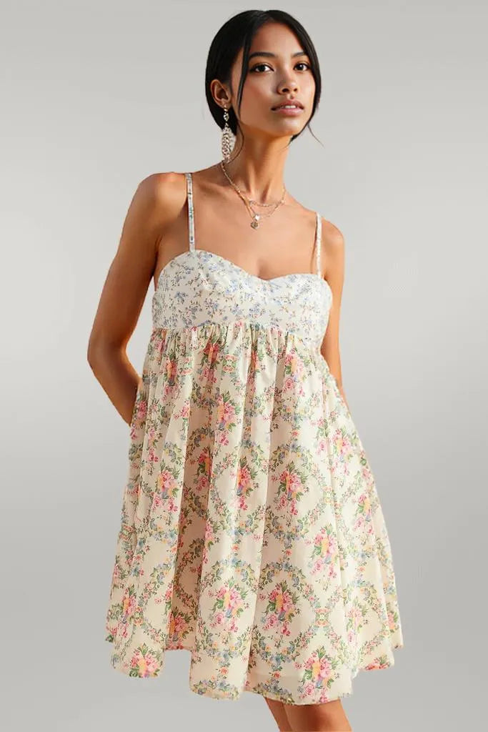SO ME Mixed Floral Print Sleeveless Mini Dress CREAM COMBO