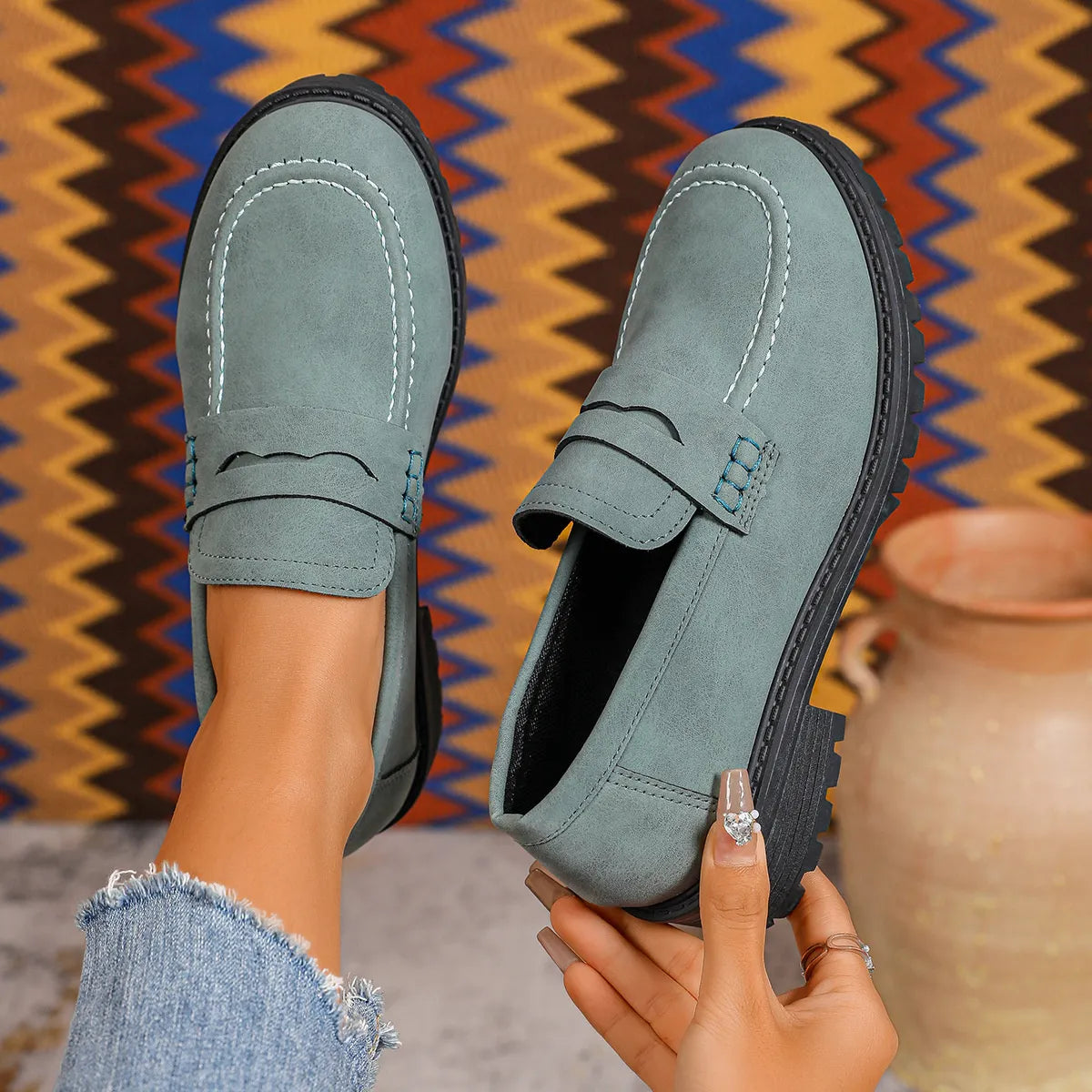 Round Toe Block Heels Loafers Green