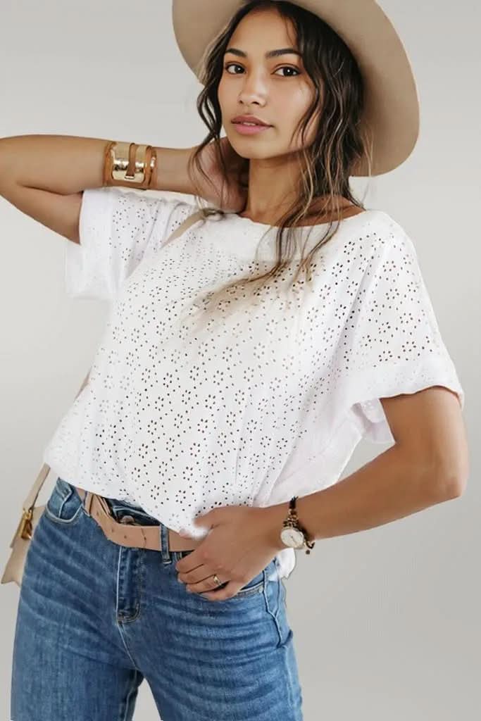 White Eyelet Pattern Boat Neck Casual Tee White 97%Polyester+3%Elastane