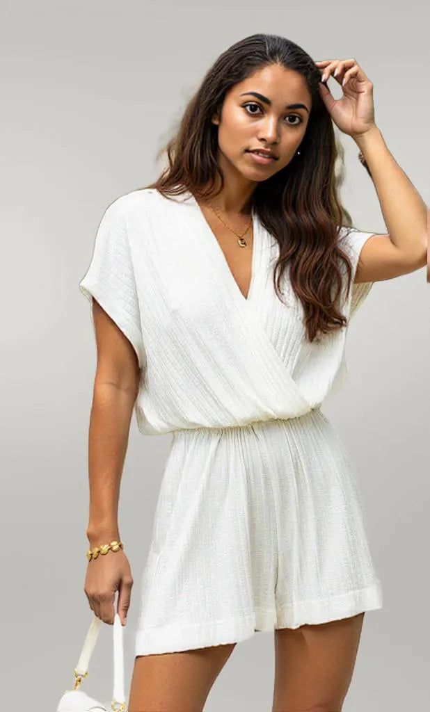 Surplice Short Sleeve Romper White