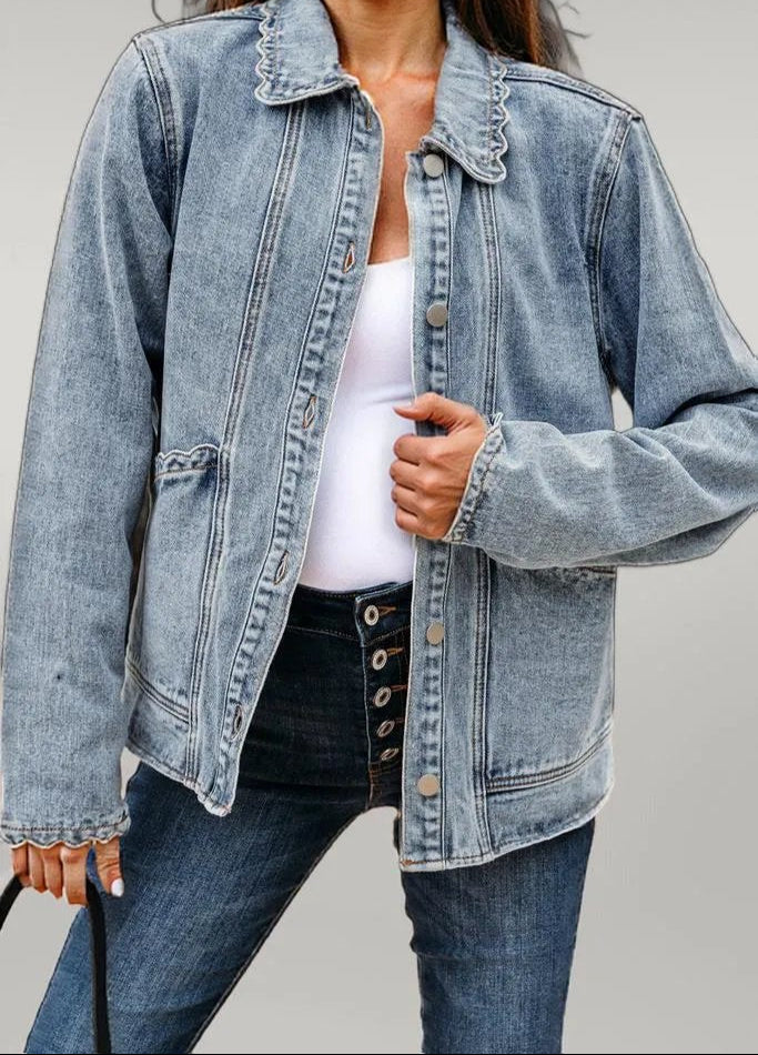 Sail Blue Scallop Trim Collar Patched Pocket Button Up Denim Jacket Myosotis 75%Cotton+25%Polyester