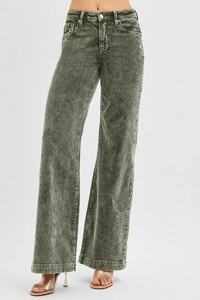 RISEN Full Size High Rise Wide Leg Corduroy Jeans FOREST