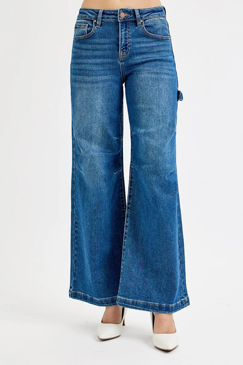 RISEN Full Size High Rise Wide Leg Patch Detailed Jeans
