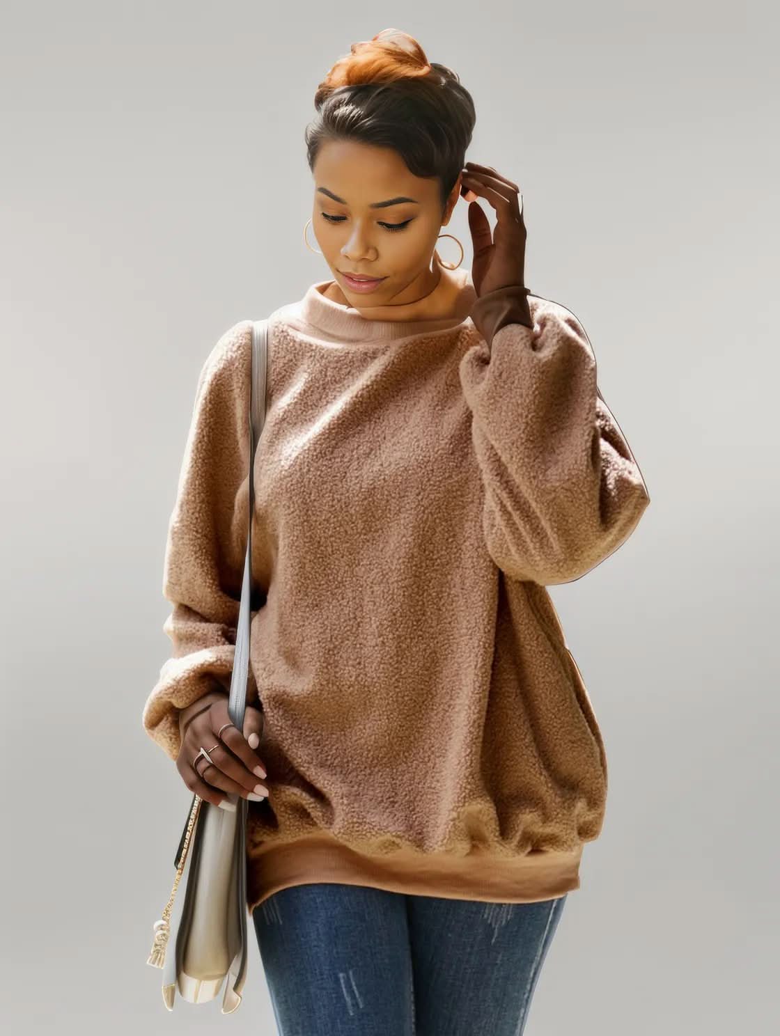 Ivy Lane Mock Neck Dropped Shoulder Sweatshirt Camel
