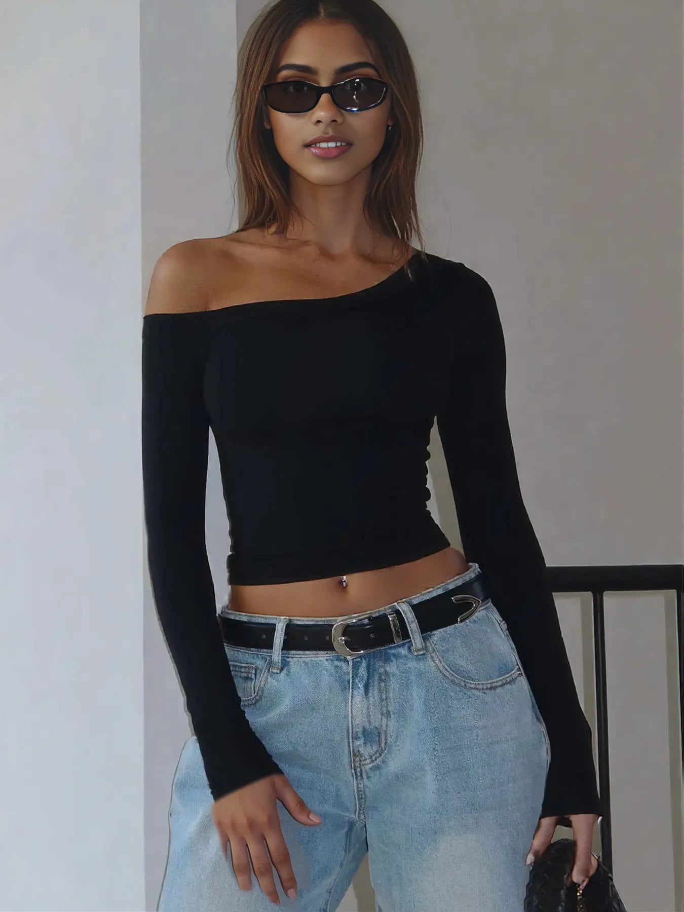 One Shoulder Long Sleeve Crop T-Shirt
