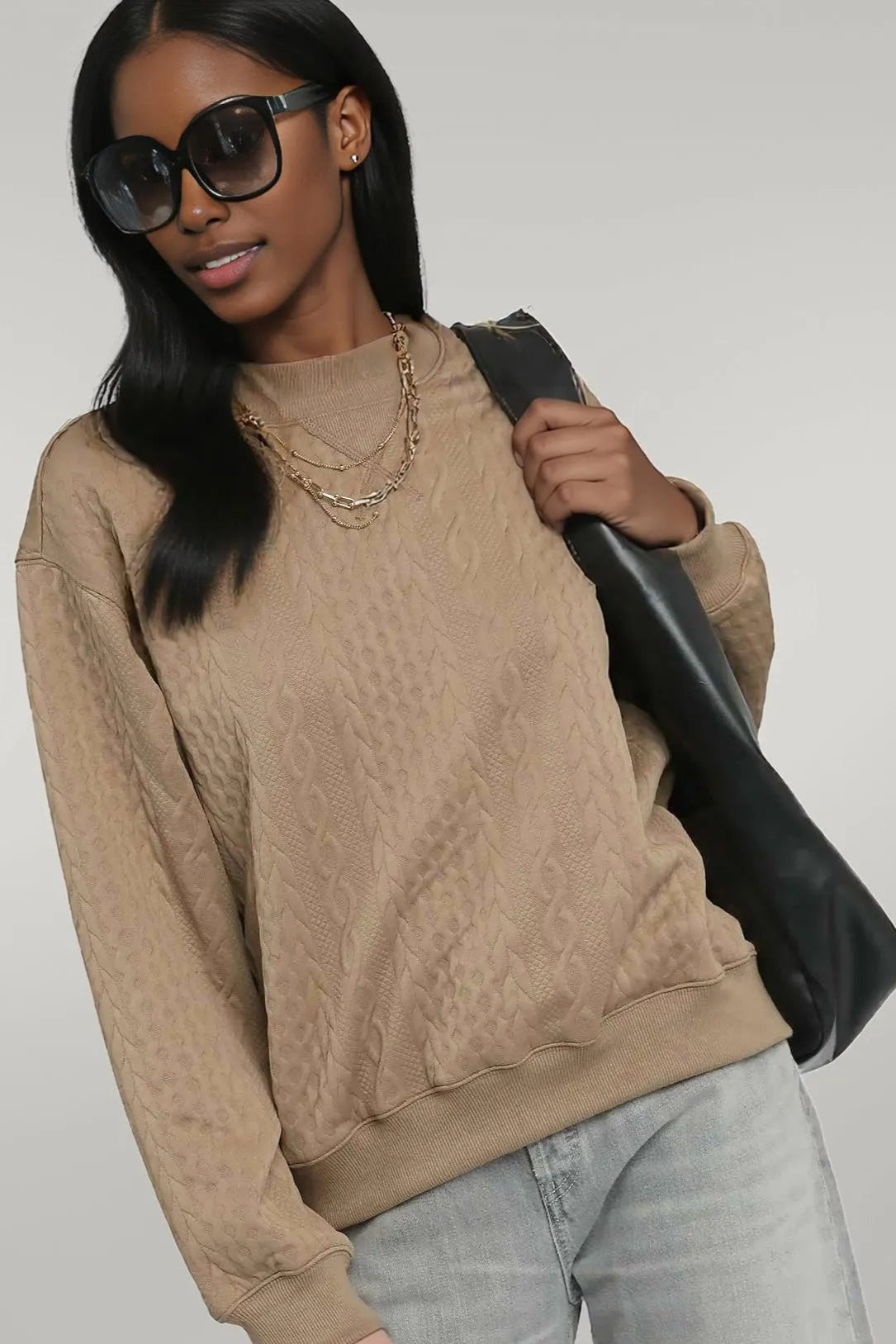 Umgee Cable Texture Pattern Sweatshirt with Ribbed Hem TAUPE