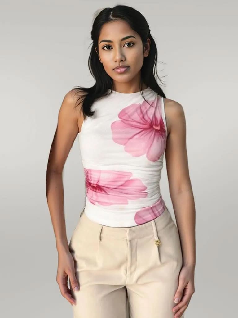 Printed Mock Neck Ruched Tank