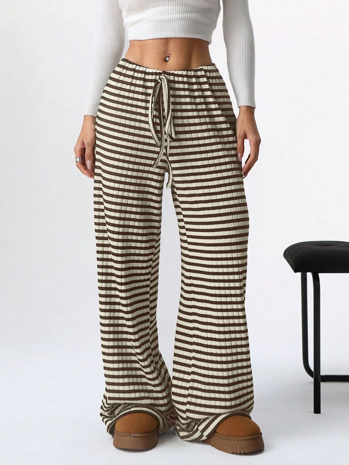 Tied Striped Wide Leg Pants Taupe