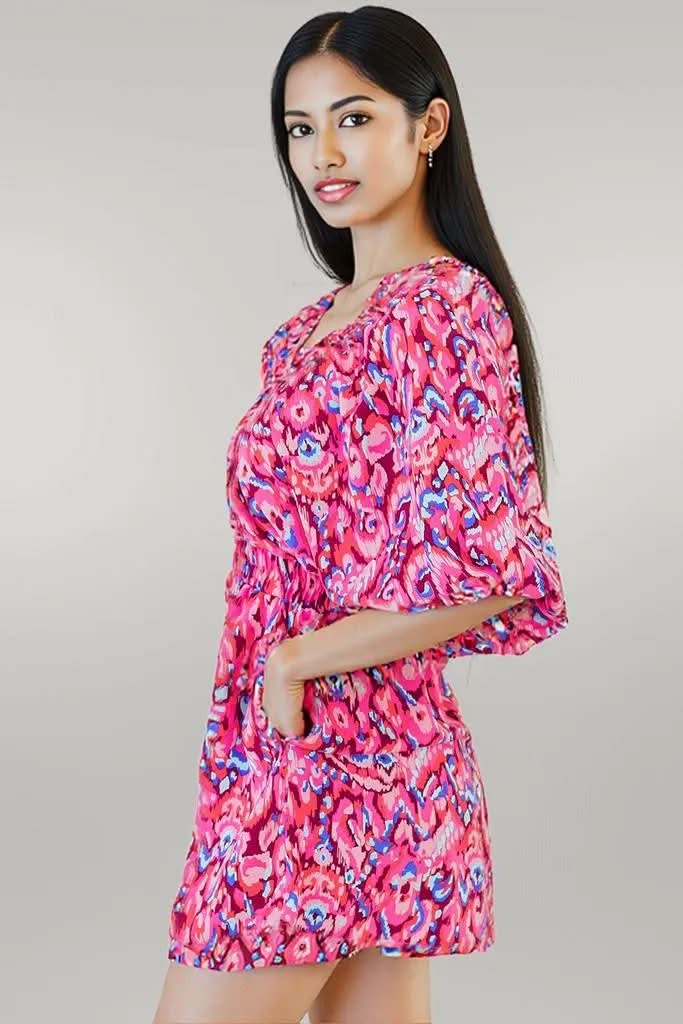 Pink Abstract Print Puff Sleeve V Neck High Waist Romper