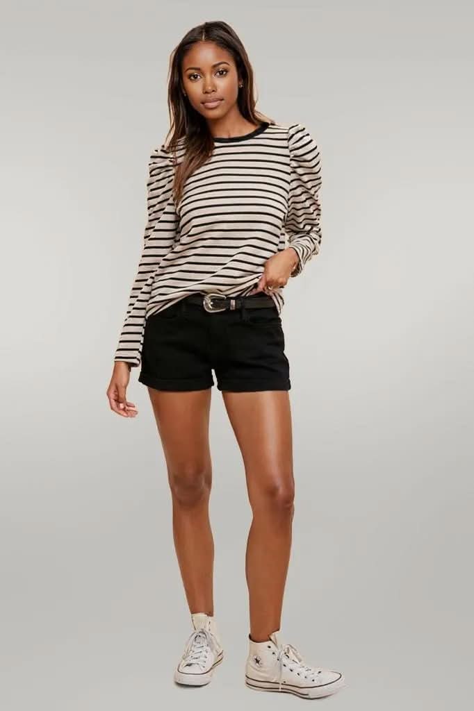 Annie Wear Striped Round Neck Puff Sleeve French Terry Top