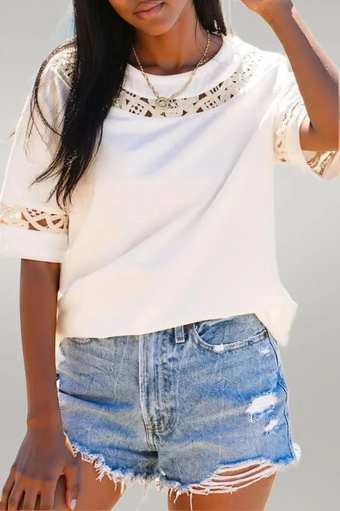 Lace Crochet Crew Neck Casual T Shirt White
