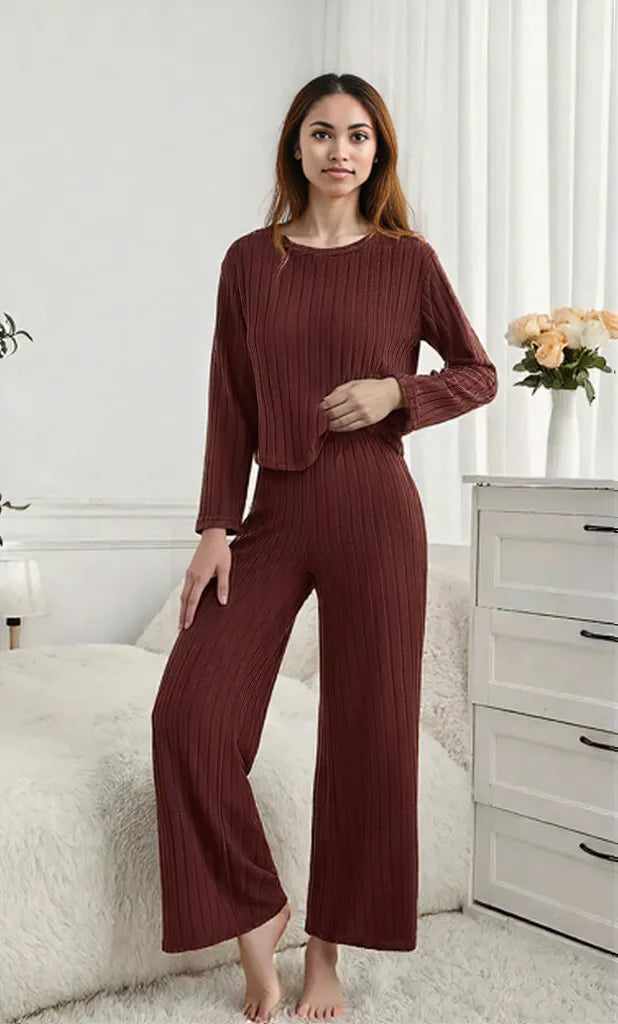 Ribbed Round Neck Long Sleeve Top and Pants Lounge Set Brown