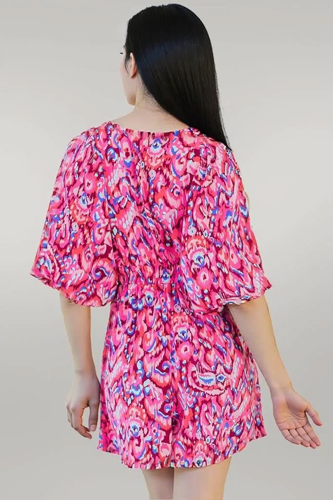 Pink Abstract Print Puff Sleeve V Neck High Waist Romper