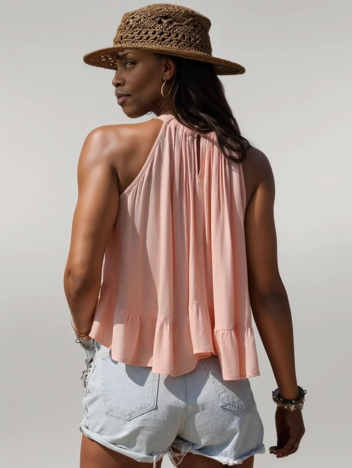 Ruched Peplum Round Neck Tank
