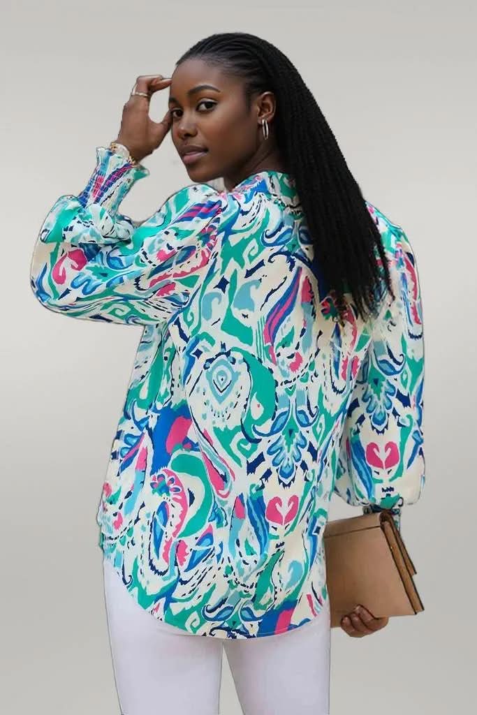 Printed Puff Sleeve Collared Blouse