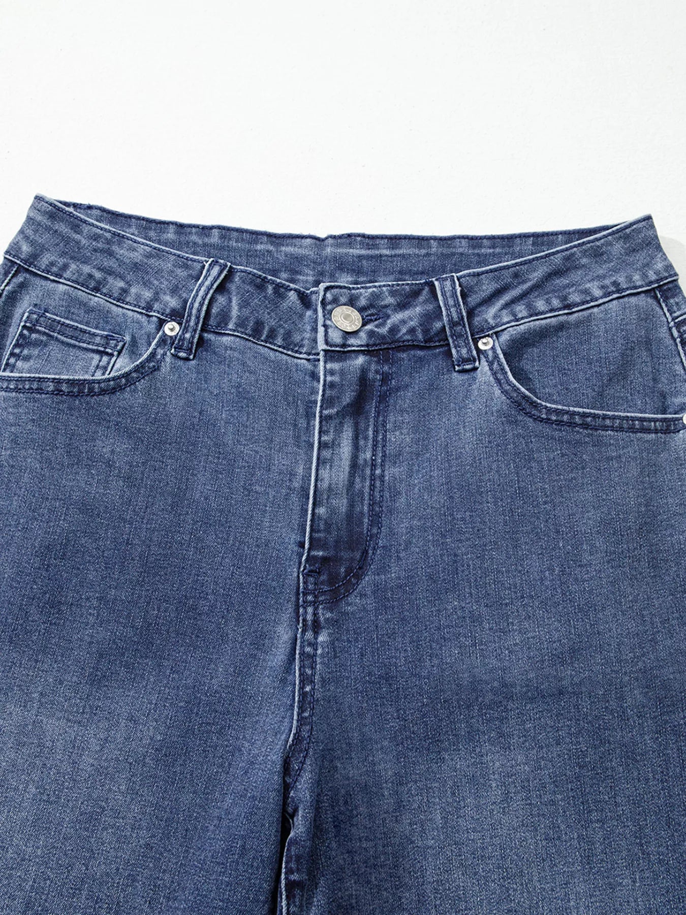 High Waist Button Zip Flare Leg Jeans Navy