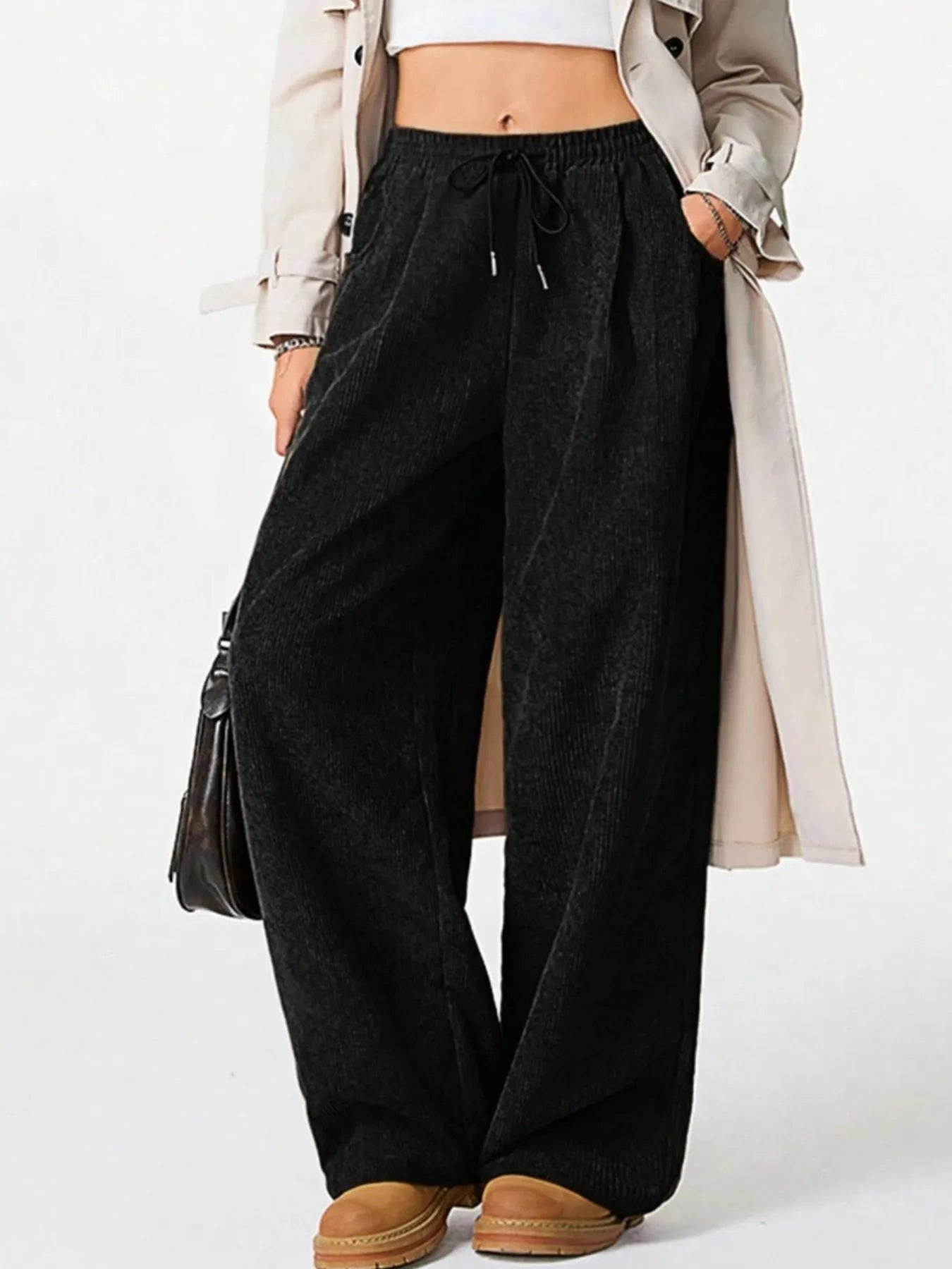 Drawstring Wide Leg Pants Black·