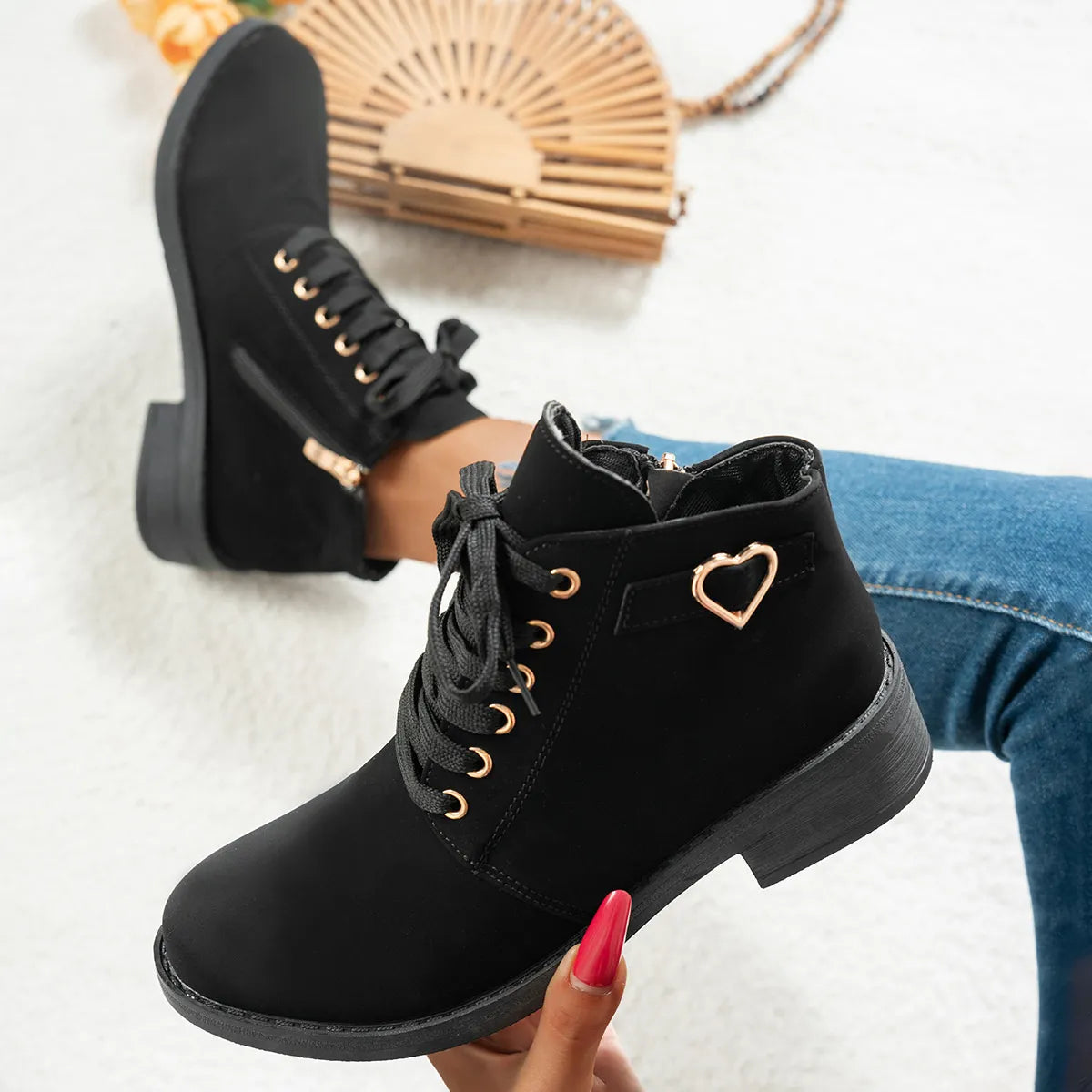 Lace-Up Ankle Boots with Heart Charm Detail