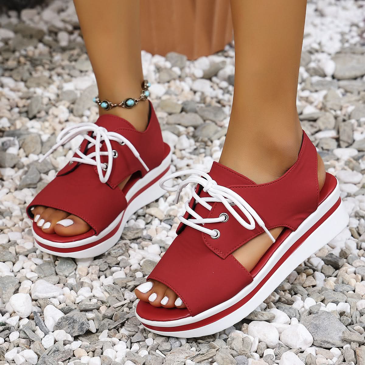 Open-Toe Lace Up Platform Sandals Deep Red