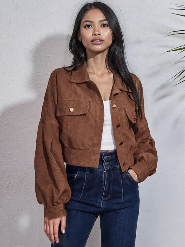 Button Down Collared Neck Cropped Jacket Brown