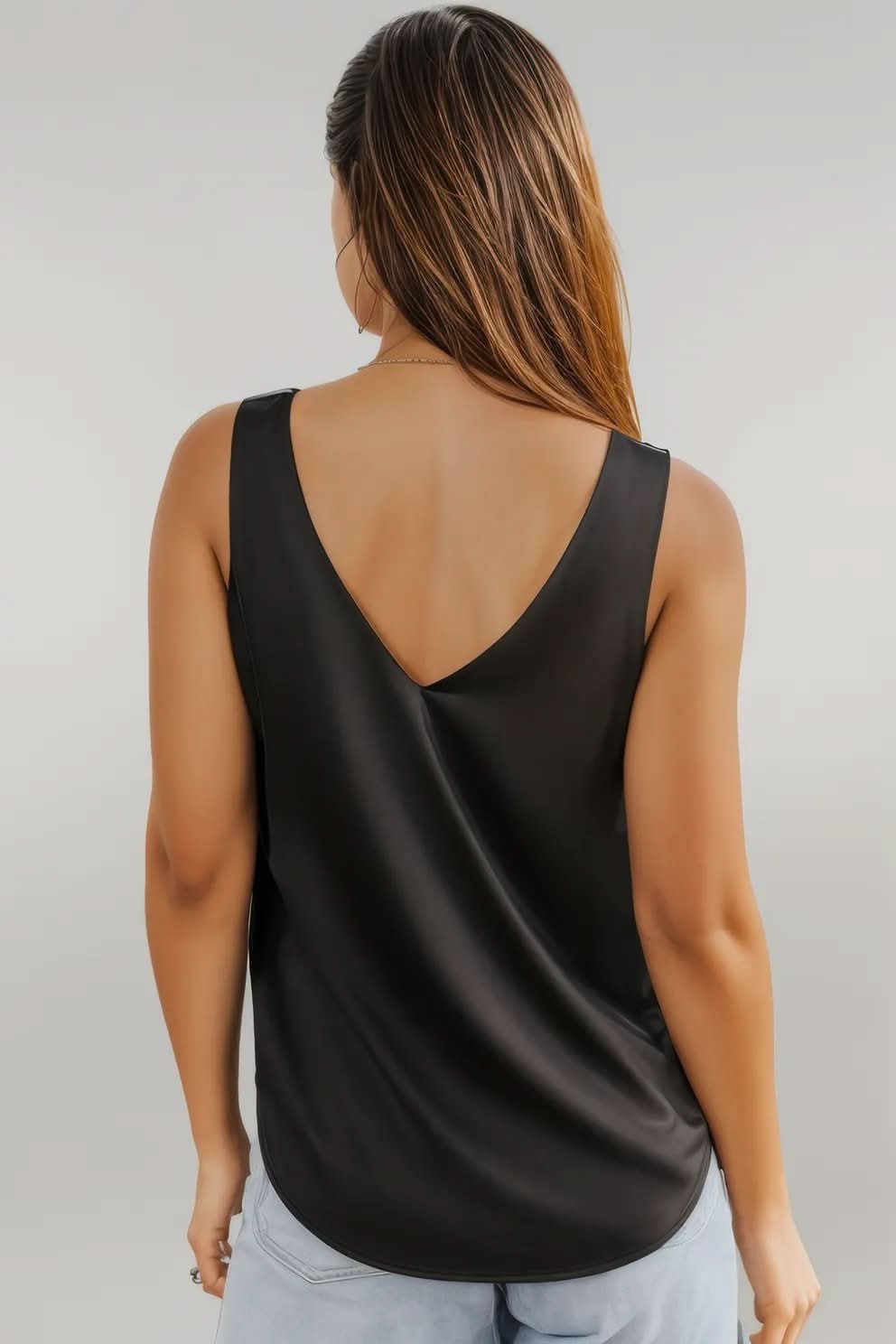 Black Deep V Neck Loose Tank Top Black 100%Polyester