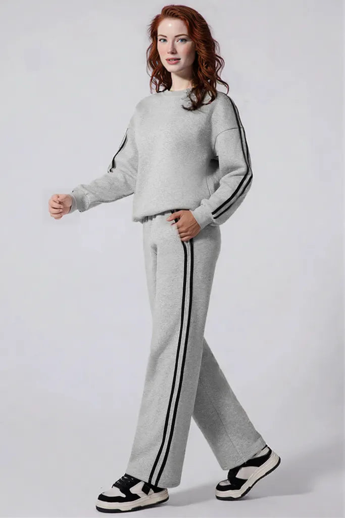 Side Striped Round Neck Top and Pants Active Set